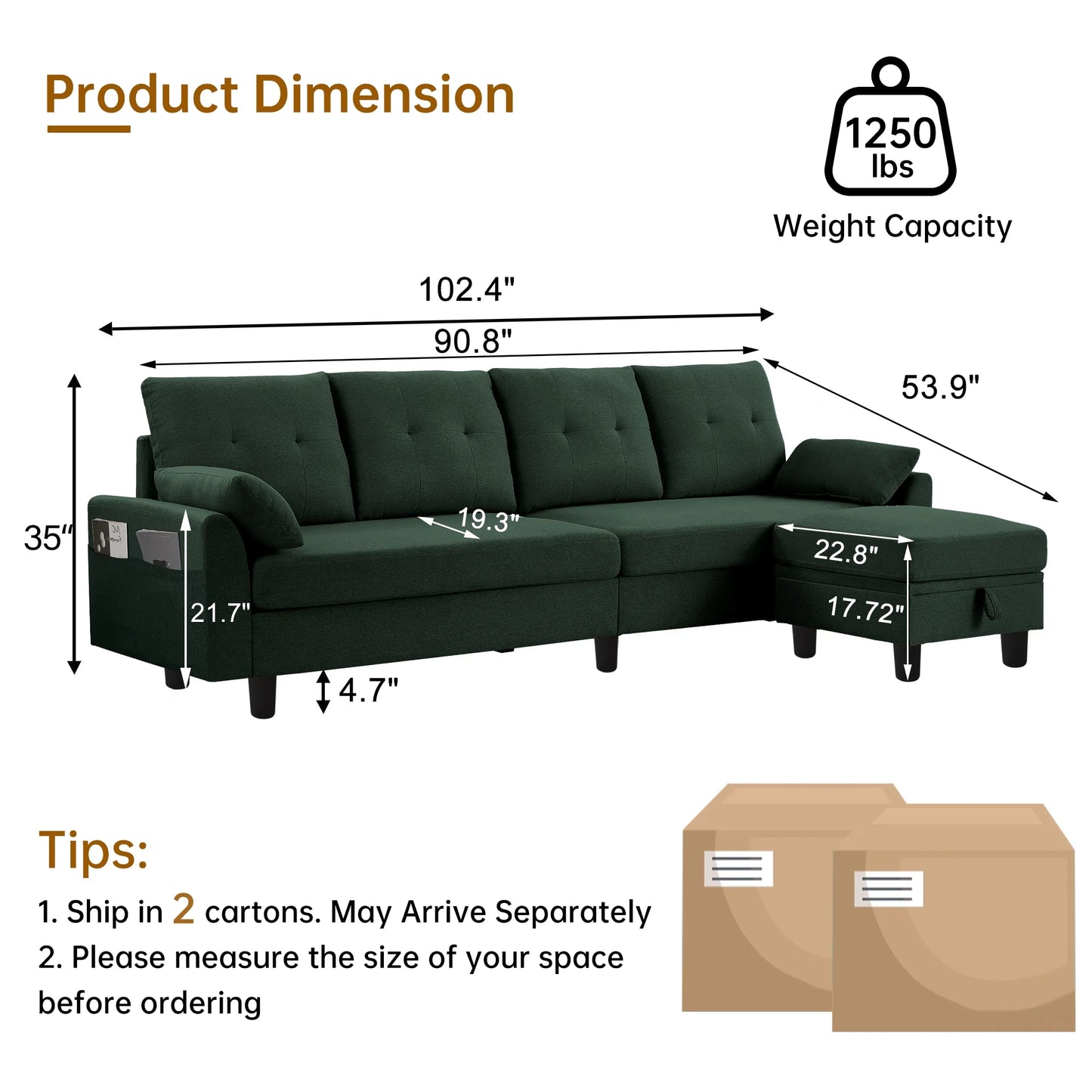 Versatile 4-Seat L-Shaped Sectional Sofa with Reversible Storage Ottoman & Side Pockets – Perfect for Living Room, Office, or Apartment Green