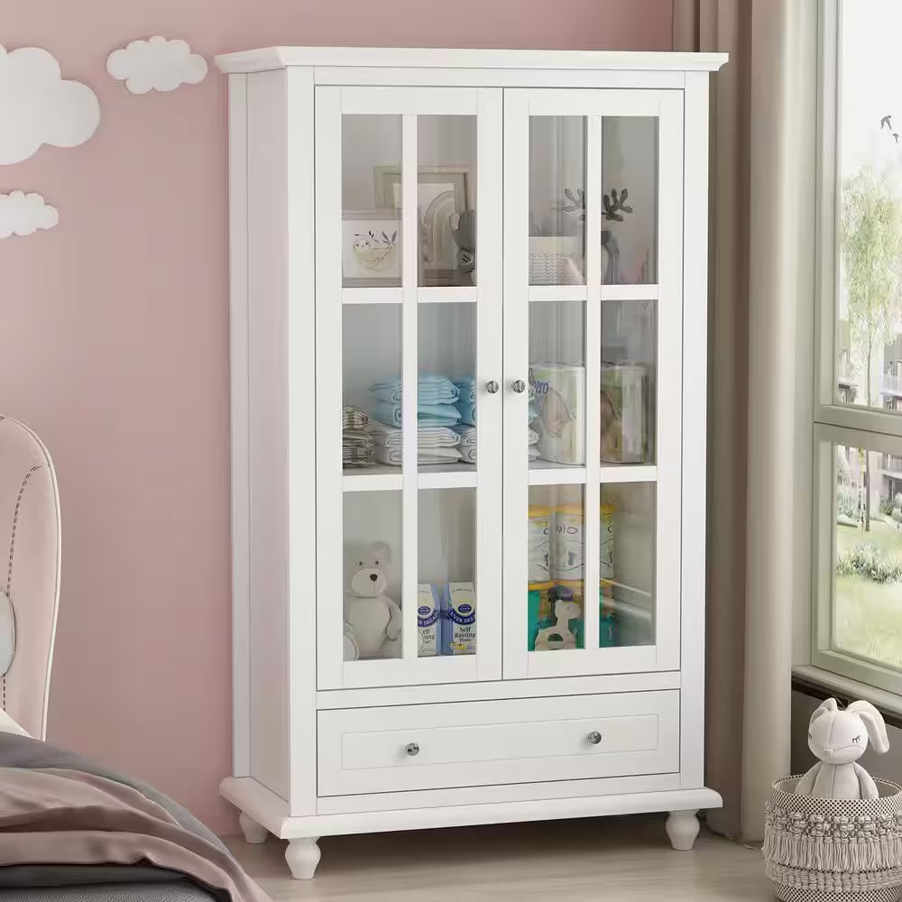 1-Drawer White Wooden Kids Tall Dresser with 3-Shelf : 31.5" L X15.7" W X55.1" H