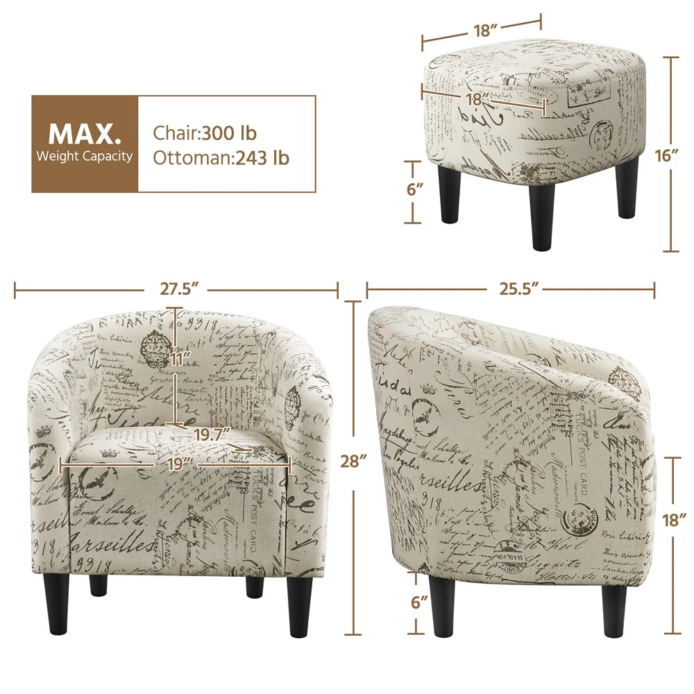 Barrel Accent Chair with Ottoman, Letter Print Fabric