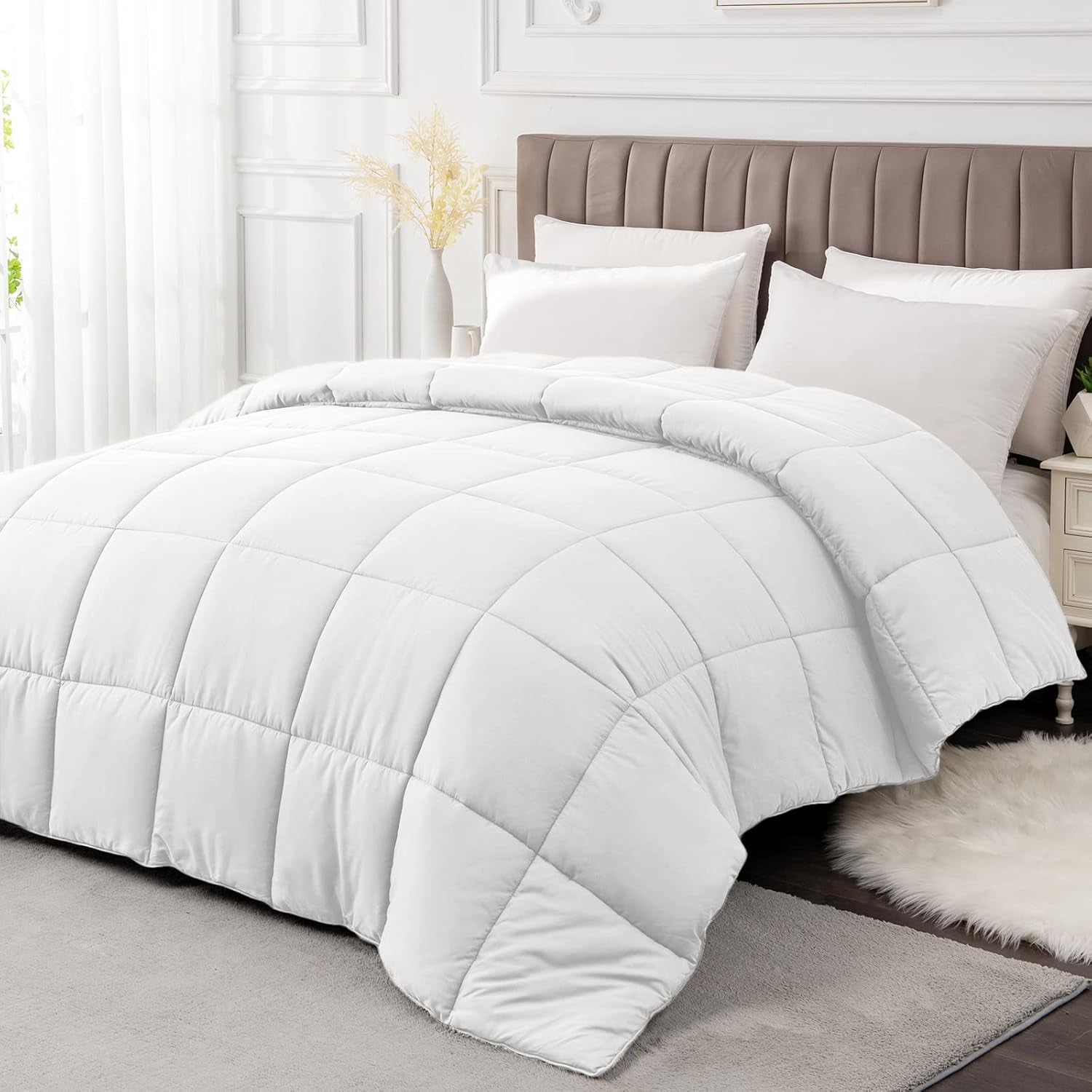 Queen Size Comforter Duvet Insert - All Season White Quilted down Alternative Bedding Comforter with Corner Tabs - Winter Summer Fluffy Soft - Machine Washable