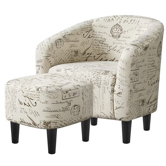 Barrel Accent Chair with Ottoman, Letter Print Fabric