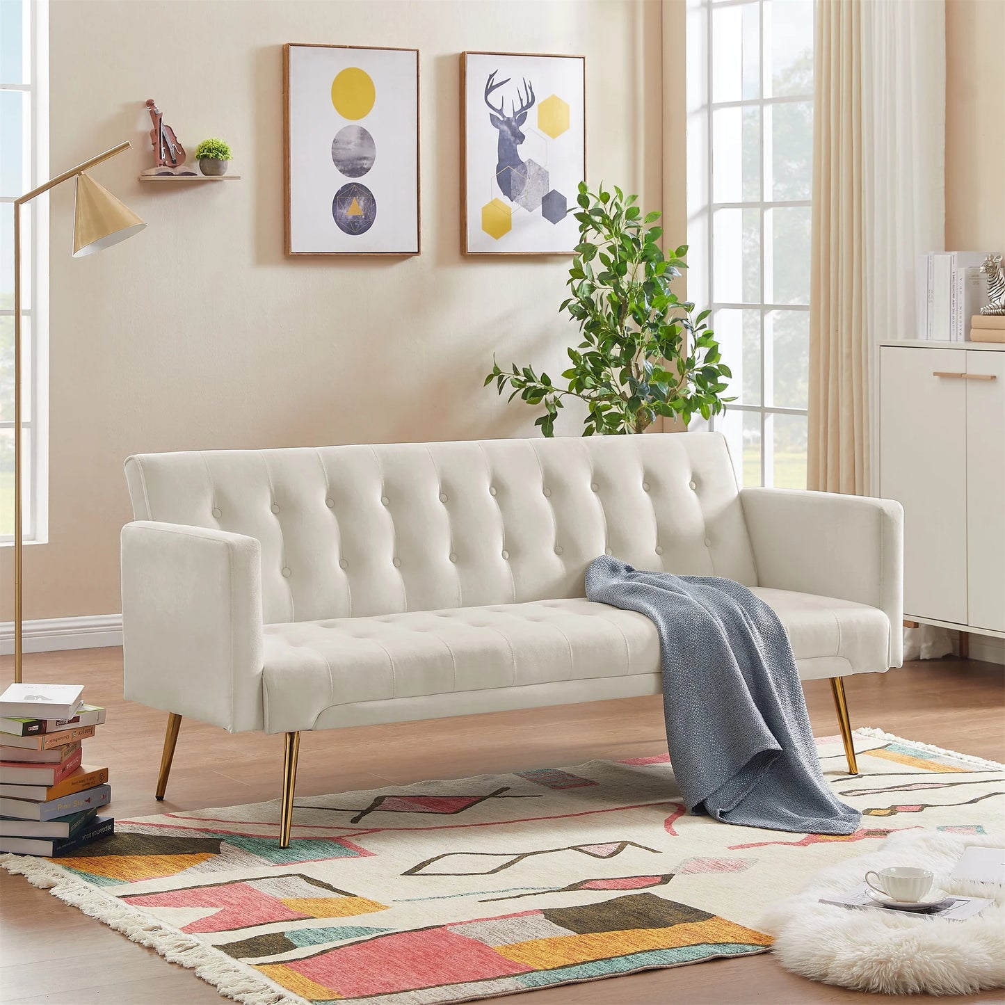 Modern Velvet Futon Sofa Bed,Convertible Sleeper Sofa Couch with 3 Adjustable Couch Loveseat with Metal Leg for Living Room and Bedroom,Beige