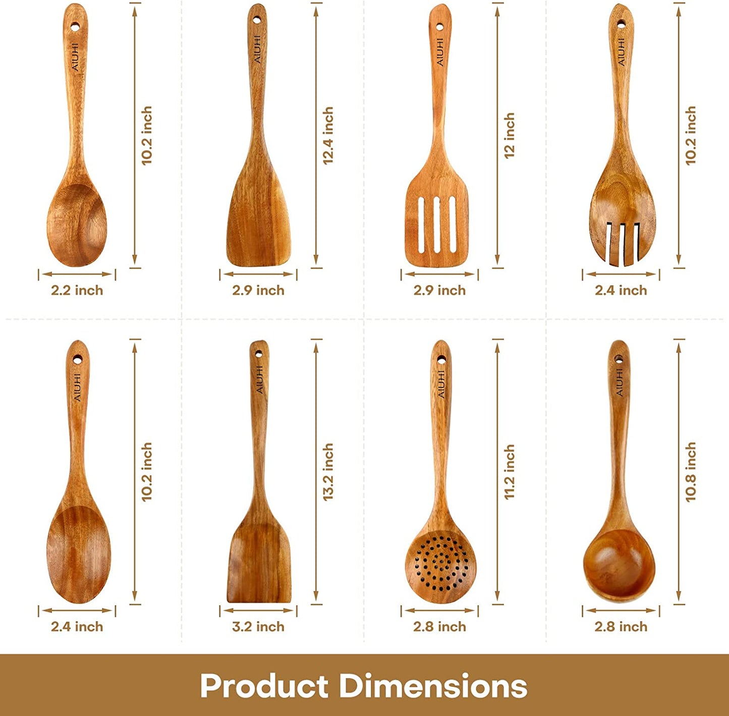 Wood Spoons for Cooking, Nonstick Kitchen Utensil Set, Wooden Spoons Cooking Utensil Set Non Scratch Natural Teak Wooden Utensils for Cooking (Teak 8 Pack)