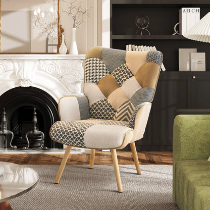 Patchwork Accent Chair Living Room Chairs with Wooden Leg, Gray