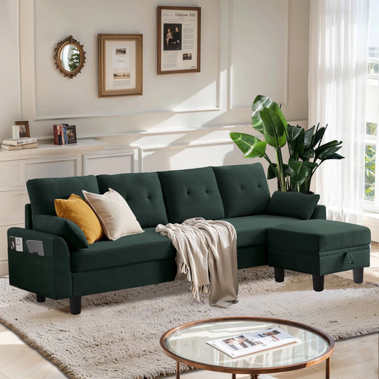 Versatile 4-Seat L-Shaped Sectional Sofa with Reversible Storage Ottoman & Side Pockets – Perfect for Living Room, Office, or Apartment Green