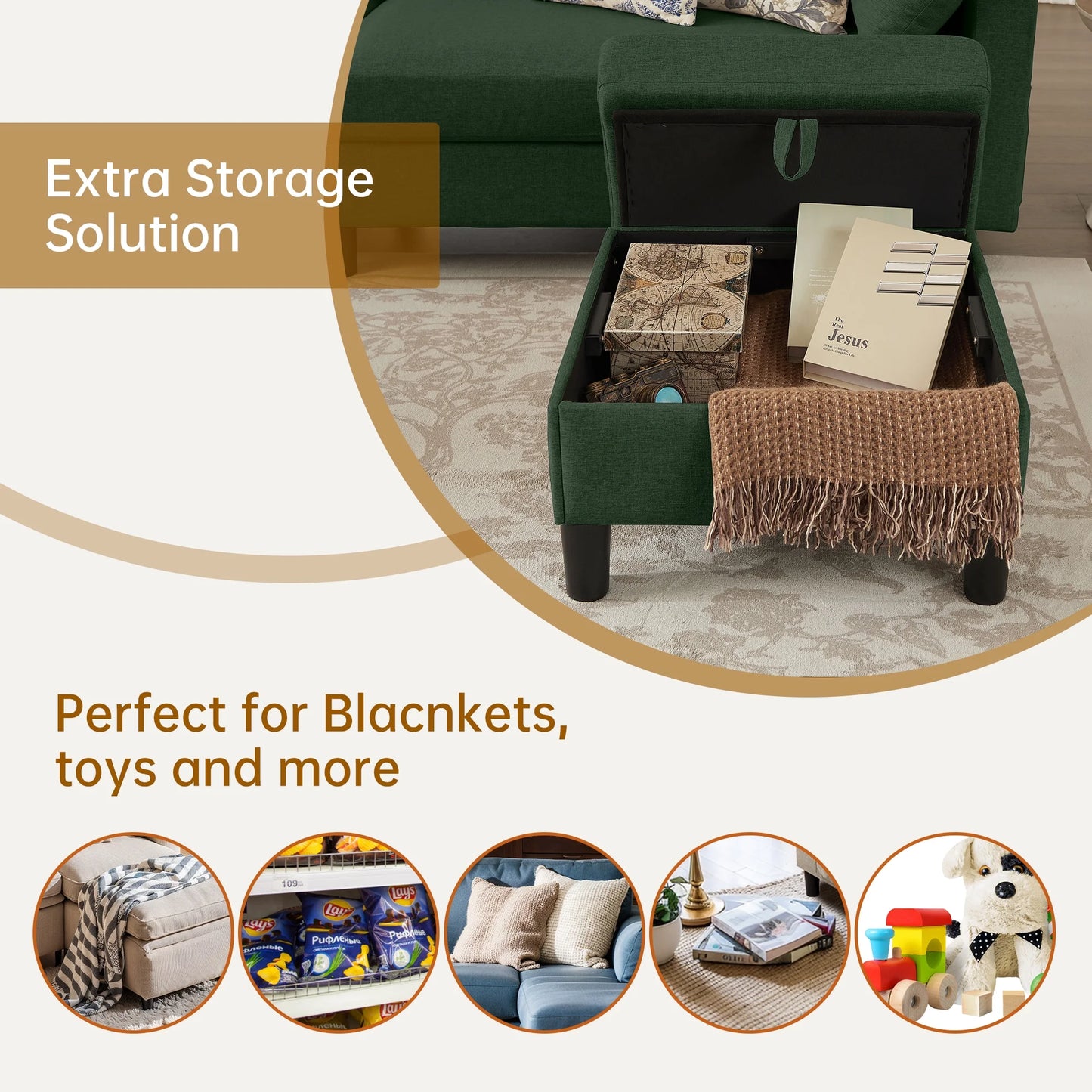 Versatile 4-Seat L-Shaped Sectional Sofa with Reversible Storage Ottoman & Side Pockets – Perfect for Living Room, Office, or Apartment Green