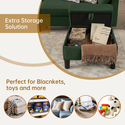 Versatile 4-Seat L-Shaped Sectional Sofa with Reversible Storage Ottoman & Side Pockets – Perfect for Living Room, Office, or Apartment Green