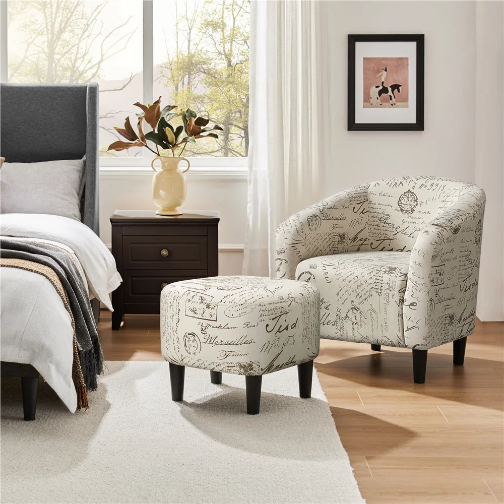 Barrel Accent Chair with Ottoman, Letter Print Fabric
