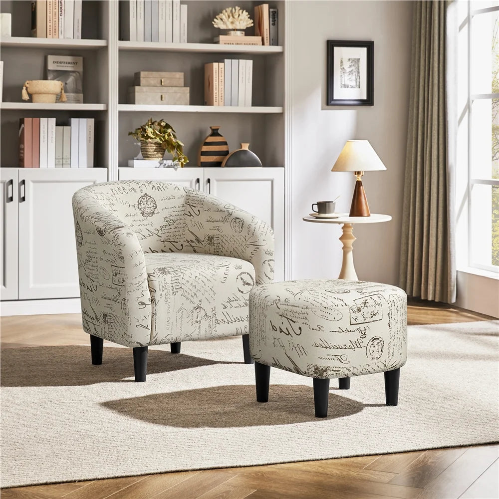 Barrel Accent Chair with Ottoman, Letter Print Fabric