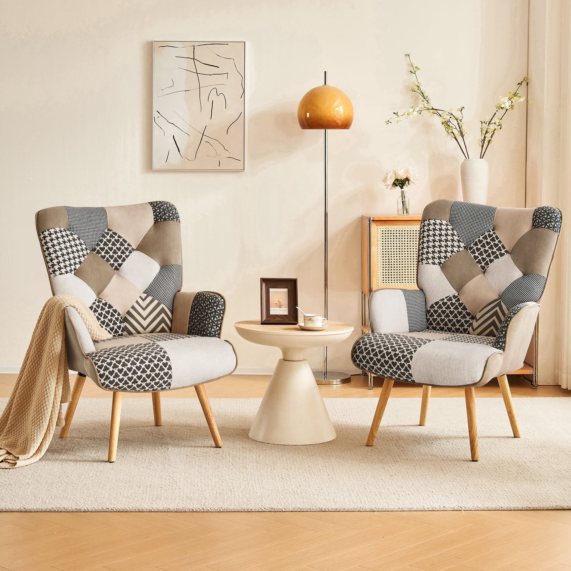 Patchwork Accent Chair Living Room Chairs with Wooden Leg, Gray