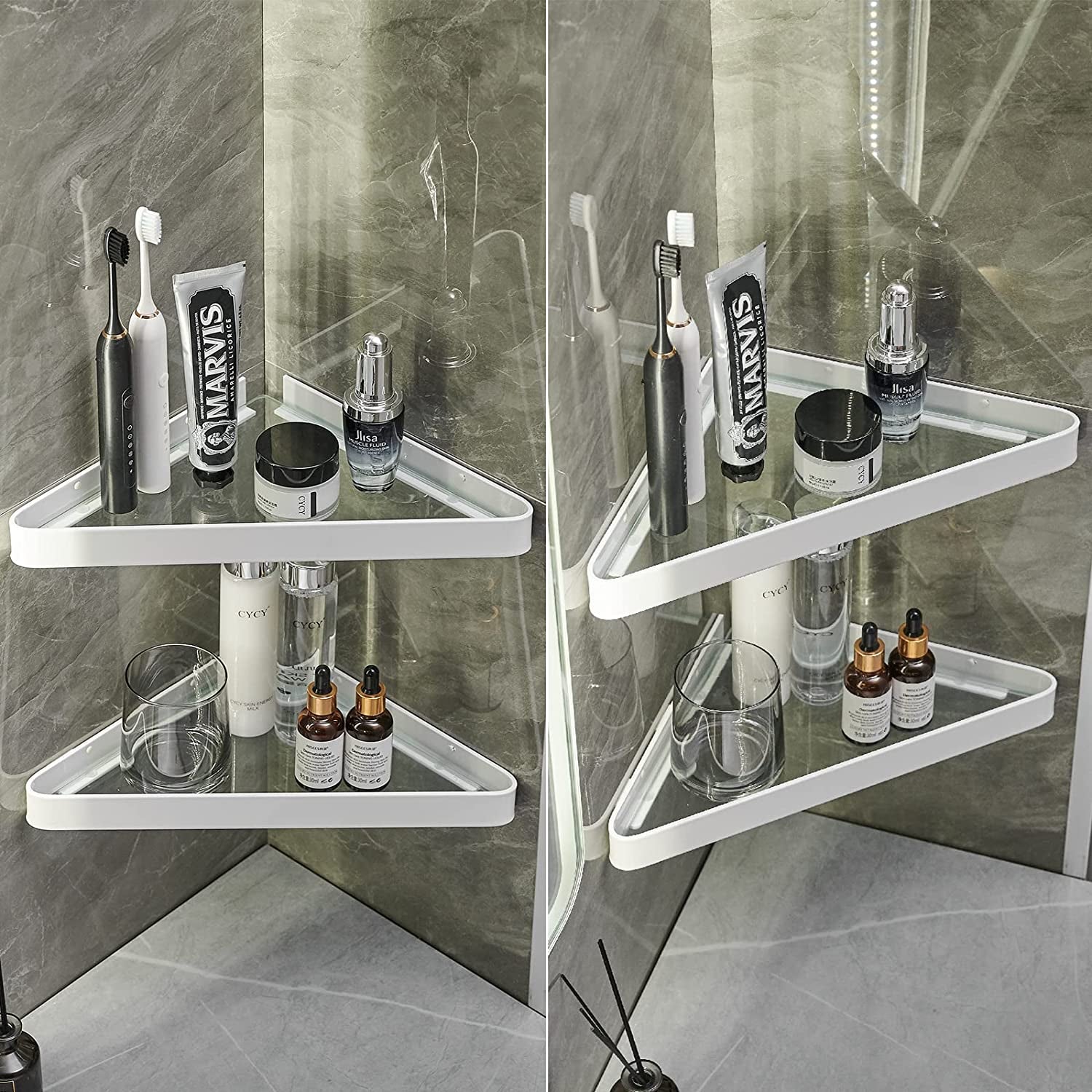 Bathroom Shelves Wall Mounted Glass Corner Shelf for Bathroom Floating Shelf Tempered Glass Wall Organizer 2-Tier(White)
