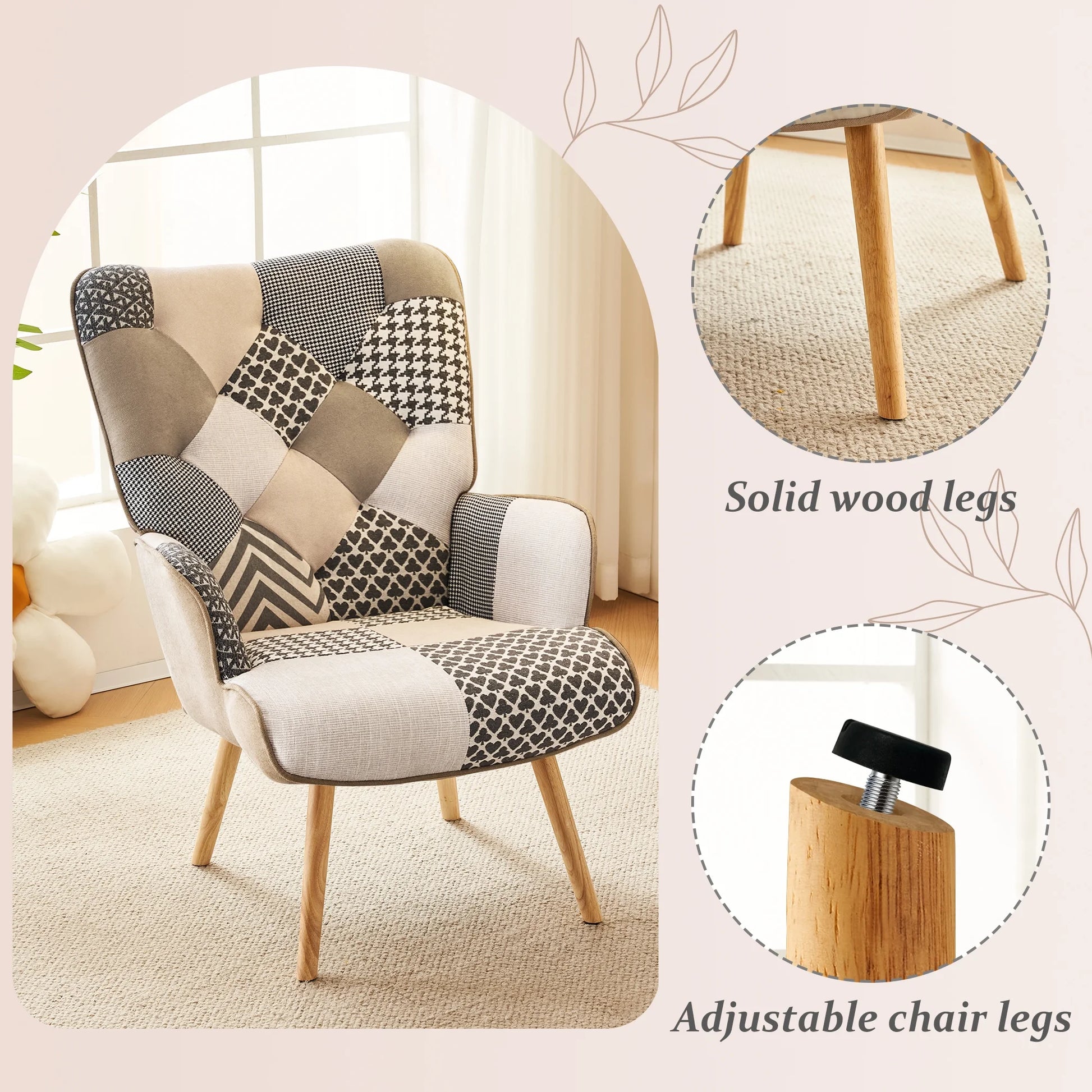 Patchwork Accent Chair Living Room Chairs with Wooden Leg, Gray