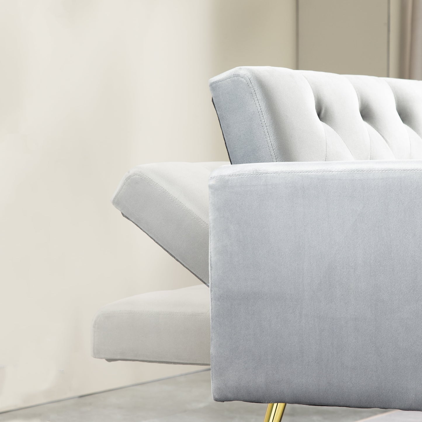 71 Inches Velvet Futon Sofa Bed with 2 Pillows,Modern Convertible Futon Couch with 3 Adjustable Backrest Angles and Gold Metal Feet,Suitable for Apartment,Living Room,Small Space,Gray