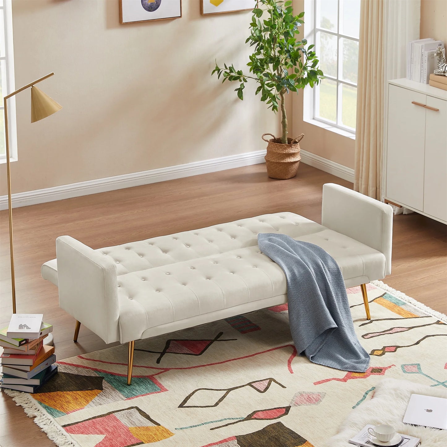 Modern Velvet Futon Sofa Bed,Convertible Sleeper Sofa Couch with 3 Adjustable Couch Loveseat with Metal Leg for Living Room and Bedroom,Beige