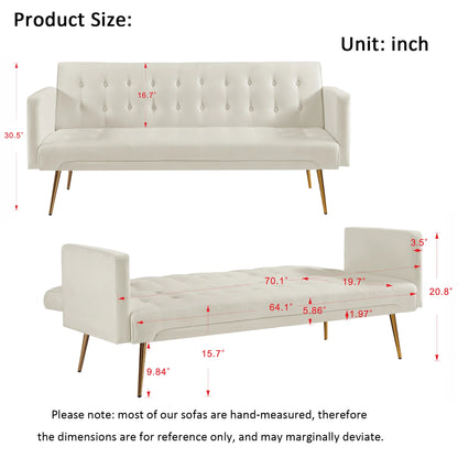 Modern Velvet Futon Sofa Bed,Convertible Sleeper Sofa Couch with 3 Adjustable Couch Loveseat with Metal Leg for Living Room and Bedroom,Beige