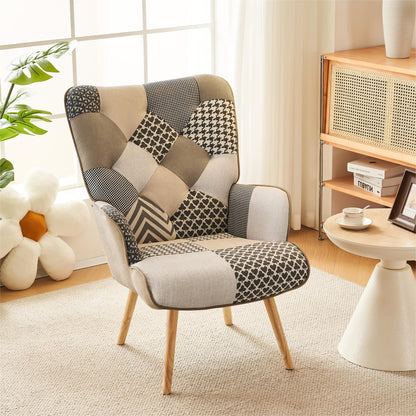 Patchwork Accent Chair Living Room Chairs with Wooden Leg, Gray