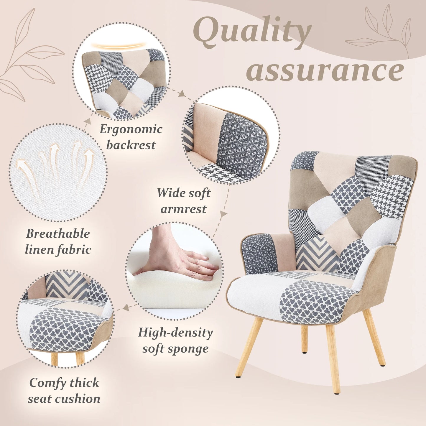 Patchwork Accent Chair Living Room Chairs with Wooden Leg, Gray