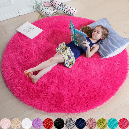 Hot Pink round Rug 4Ft for Girls Bedroom, Fluffy Circle Area Rugs for Kids Room Decor Aesthetic, Shag Plush Fuzzy Furry Carpet for Living Room, Nursery, Dorm, Classroom, Teen, Cute Shaggy Baby Rug