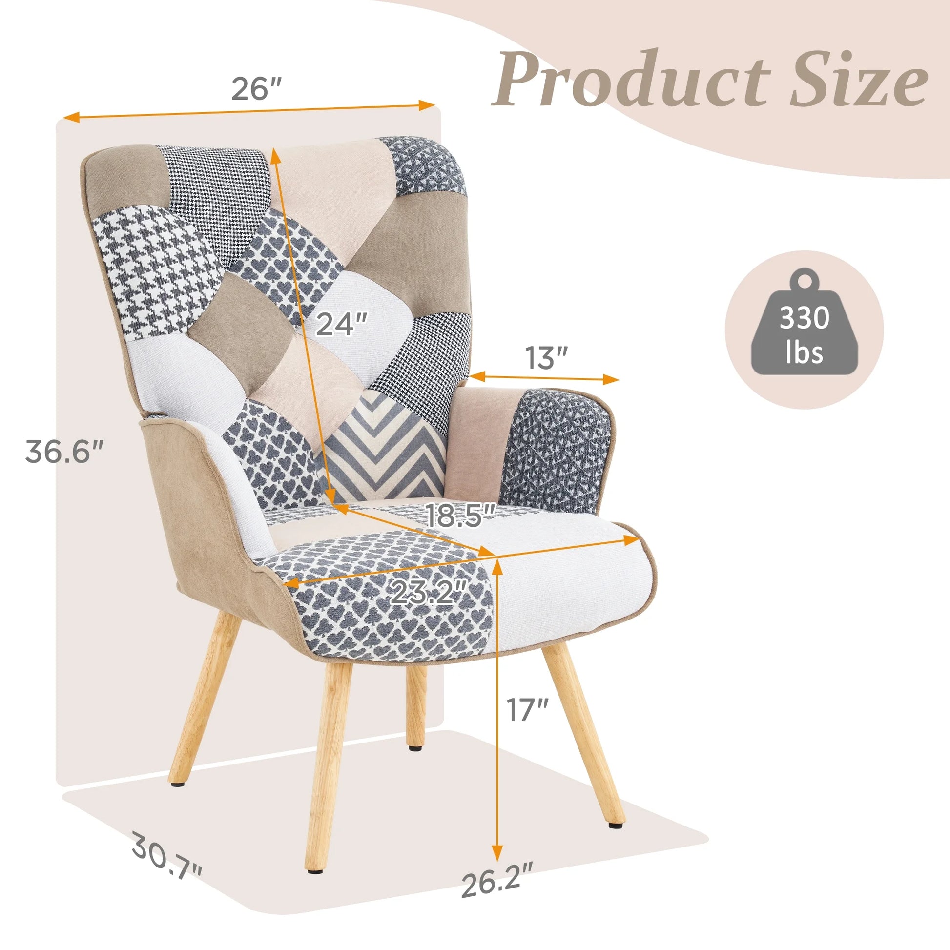 Patchwork Accent Chair Living Room Chairs with Wooden Leg, Gray