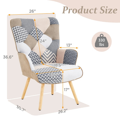 Patchwork Accent Chair Living Room Chairs with Wooden Leg, Gray