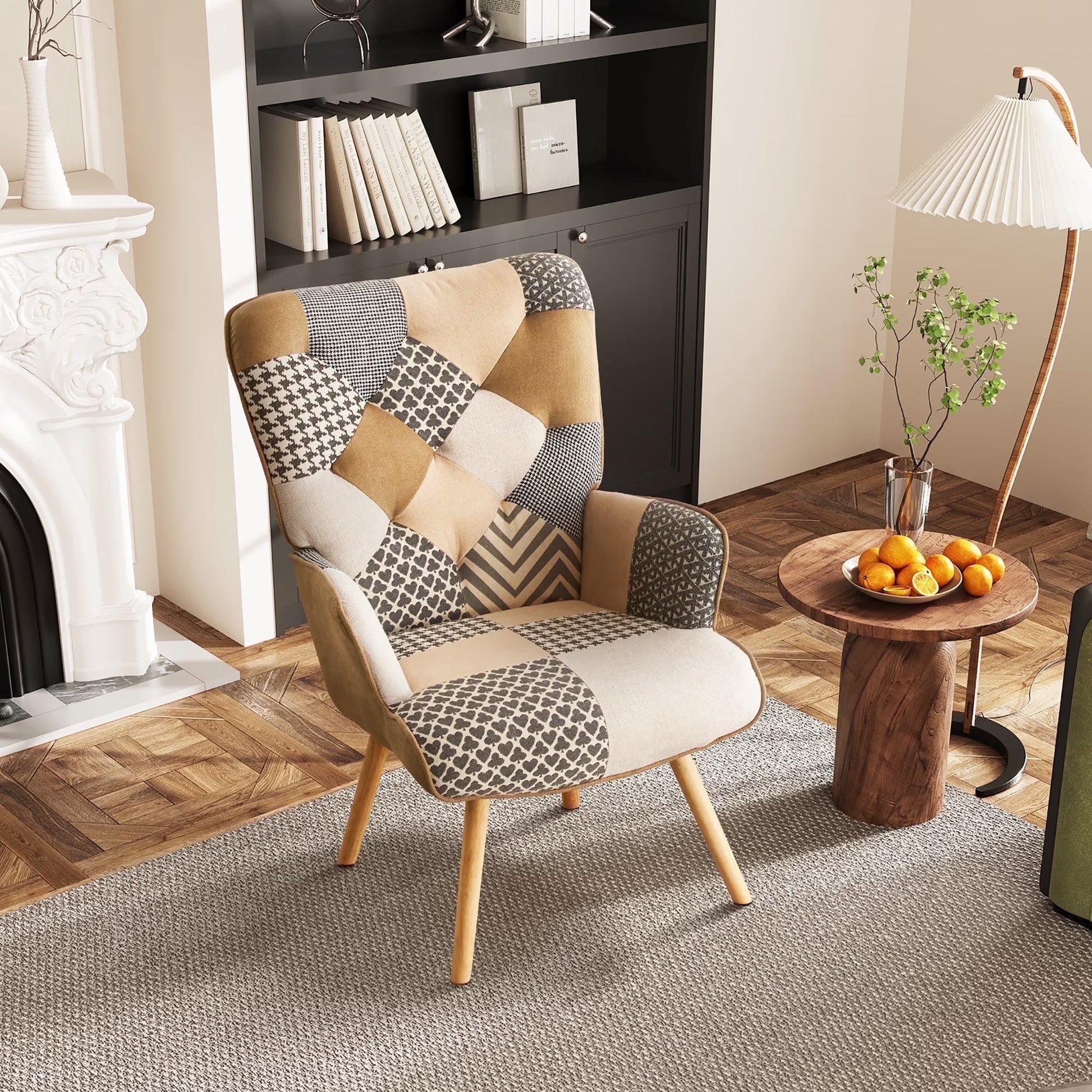 Patchwork Accent Chair Living Room Chairs with Wooden Leg, Gray