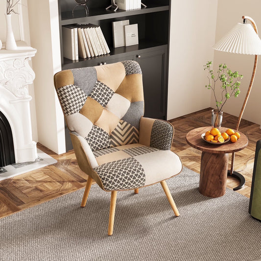 Patchwork Accent Chair Living Room Chairs with Wooden Leg, Gray