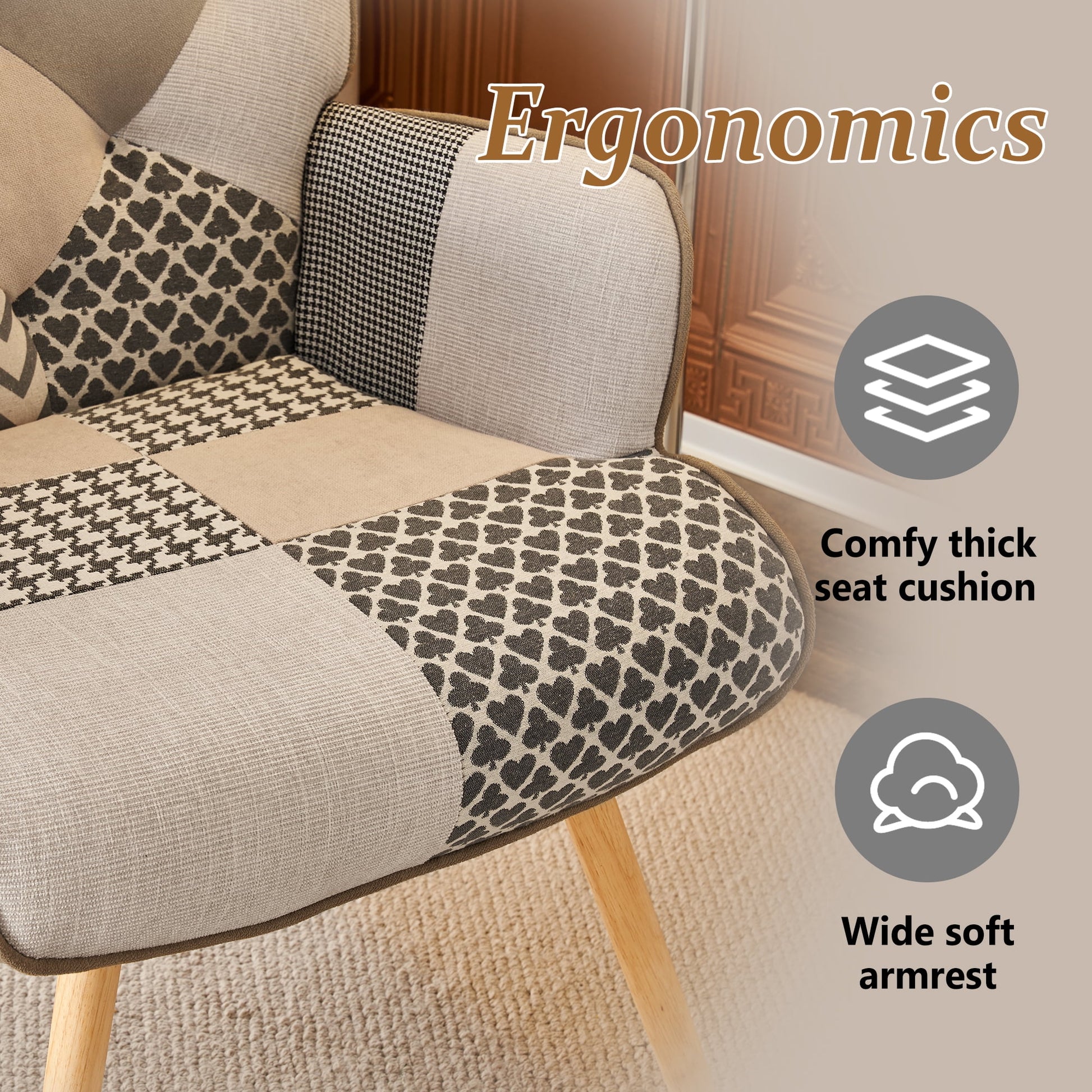 Patchwork Accent Chair Living Room Chairs with Wooden Leg, Gray